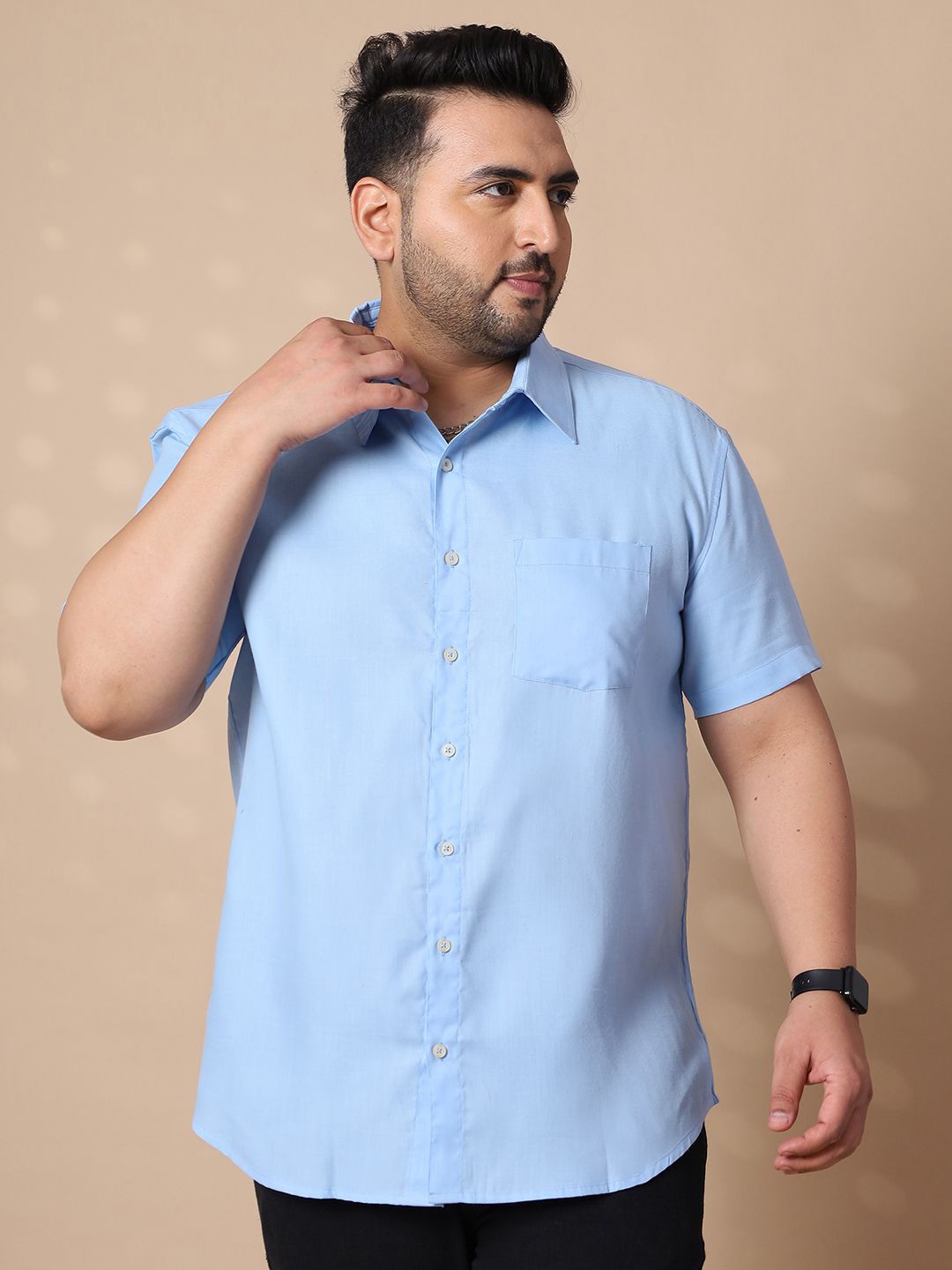 

bigbanana Plus Size Spread Collar Short Sleeves Cotton Casual Shirt, Blue
