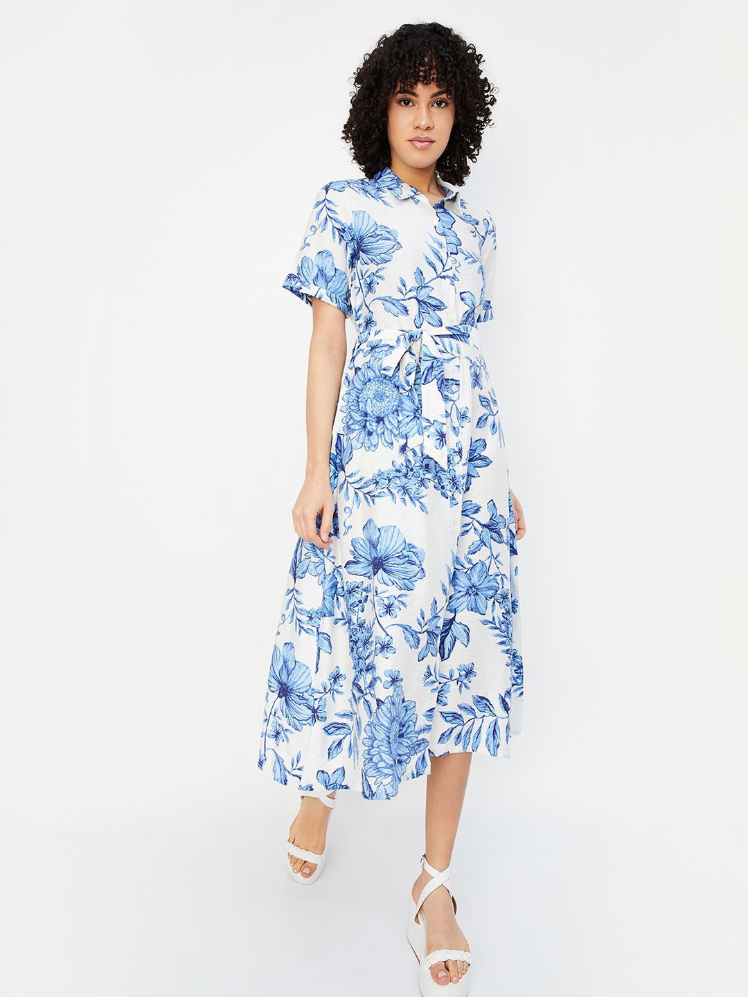 

max Floral Printed Shirt Collar A-Line Midi Dress, White