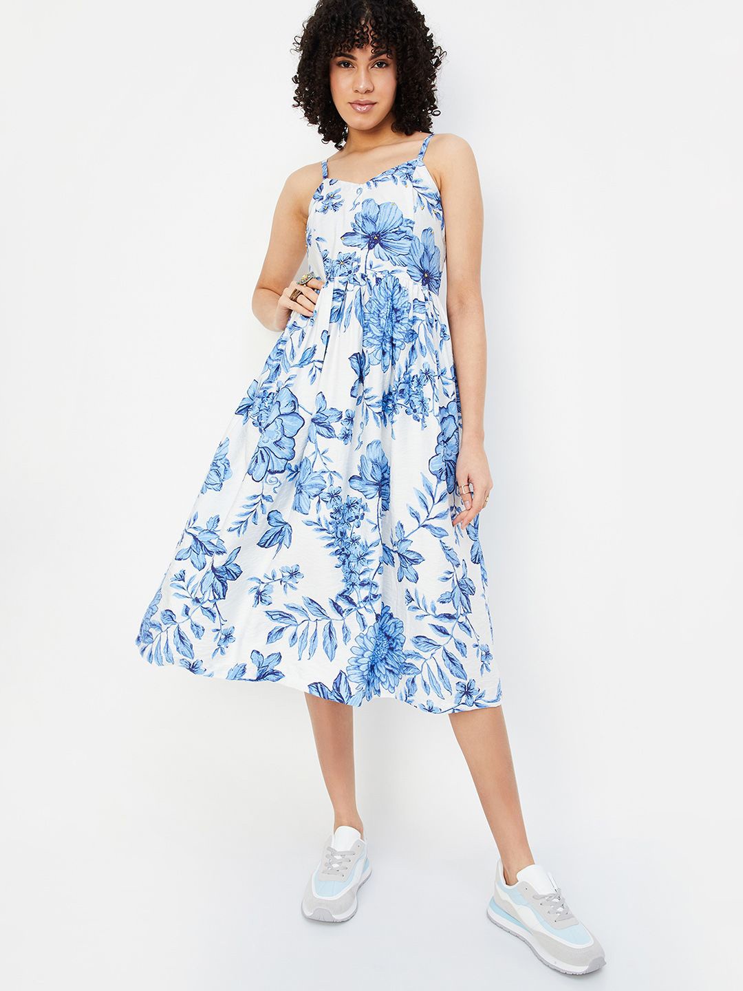 

max Floral Printed Shoulder Straps Fit & Flare Midi Dress, White