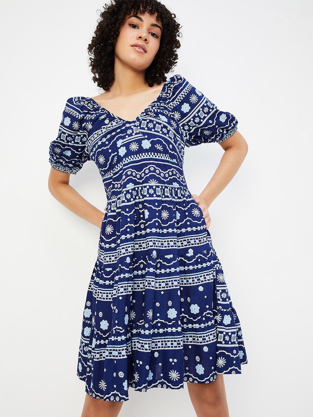 

max Ethnic Motifs V Neck Printed Puff Sleeve Fit & Flare Dress, Blue