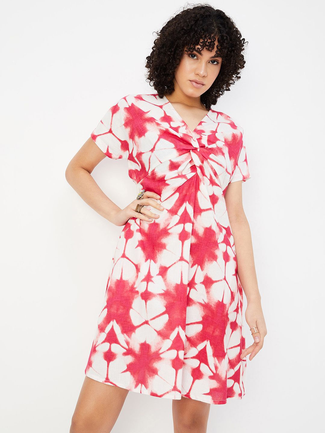 

max Floral Printed V Neck Cotton A-Line Dress, Pink