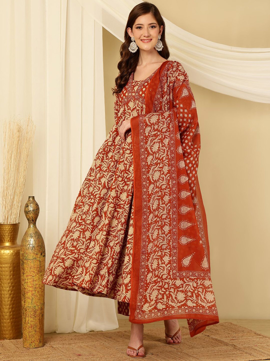 

Mizaz Floral Printed Mirror Work Pure Cotton Anarkali Kurta With Trousers & Dupatta, Rust