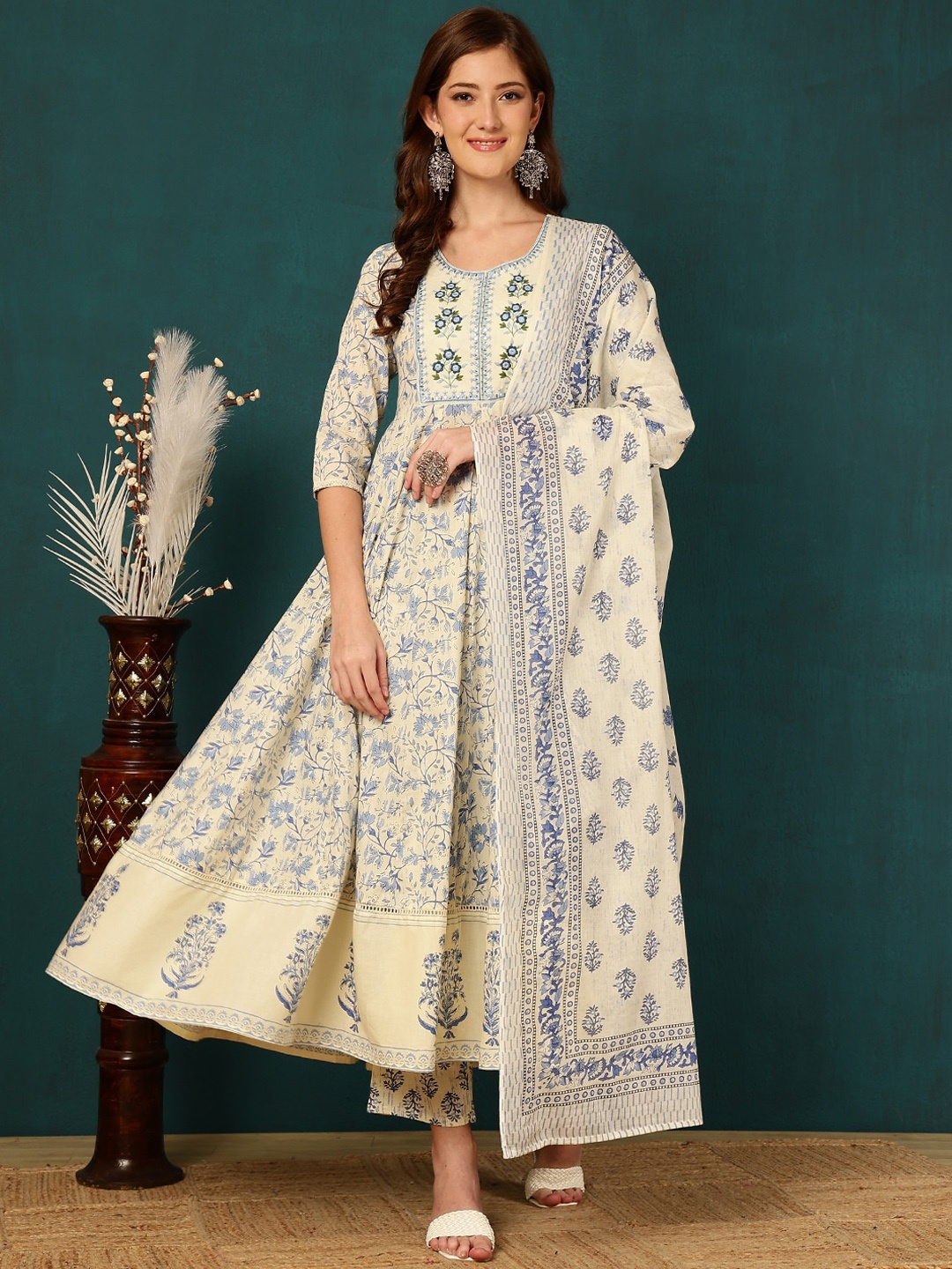

Mizaz Floral Printed Mirror Work Pure Cotton Anarkali Kurta With Trousers & Dupatta, Blue