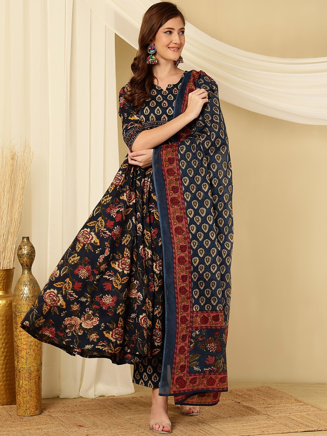 

Mizaz Floral Printed Pure Cotton Anarkali Kurta With Trousers & Dupatta, Navy blue