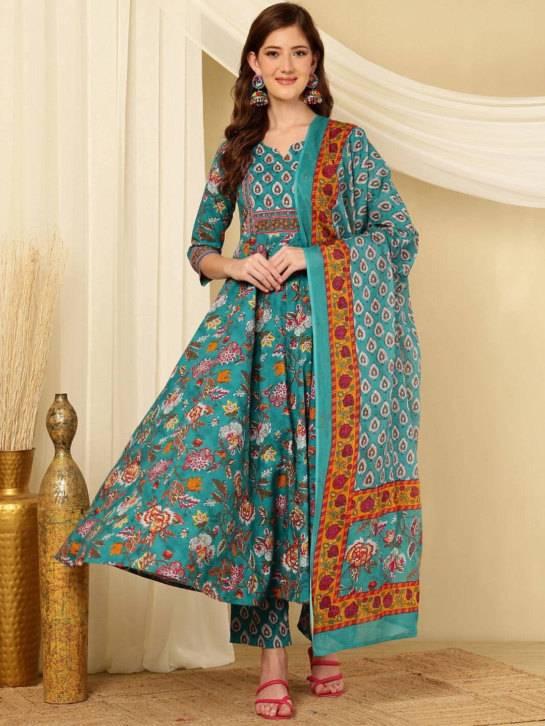 

Mizaz Floral Printed Pure Cotton Anarkali Kurta With Trousers & Dupatta, Blue