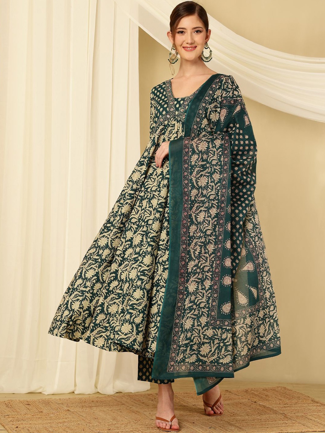 

Mizaz Floral Printed Mirror Work Pure Cotton Empire Anarkali Kurta With Trousers & Dupatta, Teal