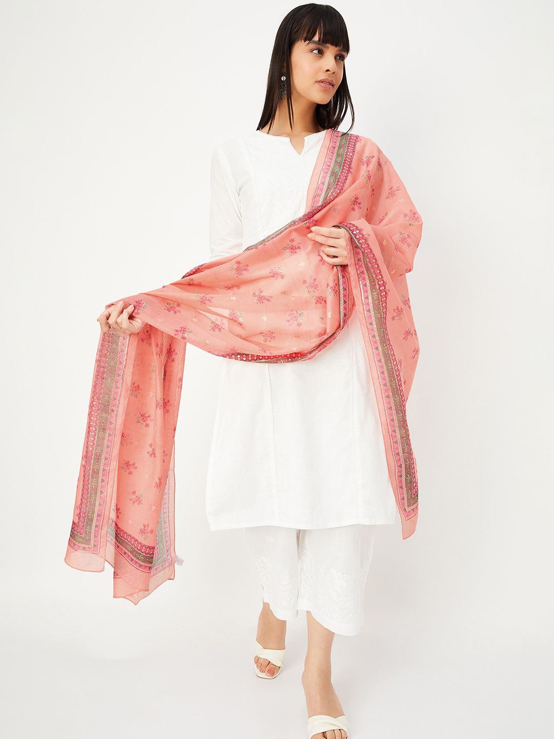 

max Floral Printed Chanderi Dupatta, Peach