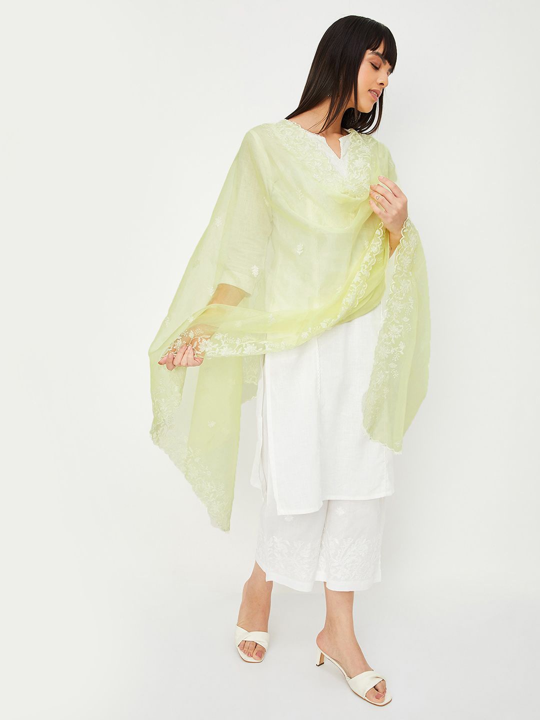 

max Floral Embroidered Organza Dupatta with Thread Work, Yellow