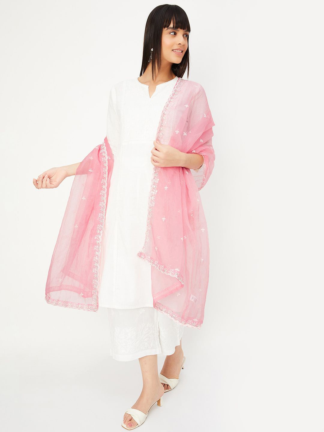 

max Floral Embroidered Organza Dupatta with Thread Work, Pink