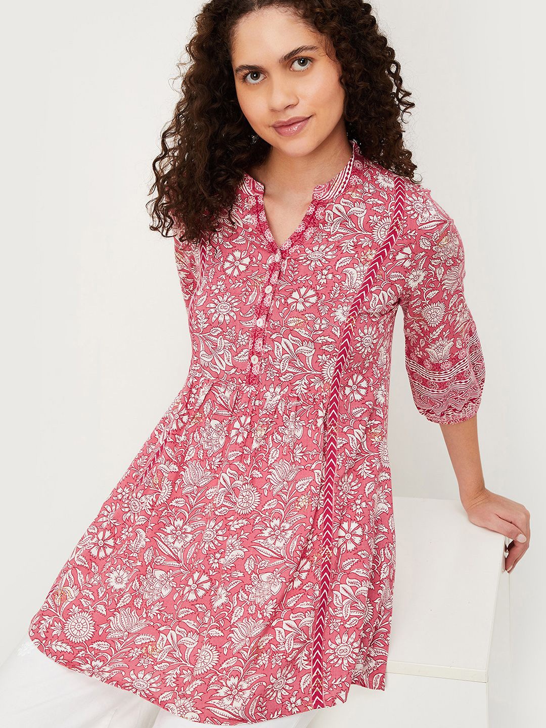 

max Floral Printed Mandarin Collar Tunic, Pink