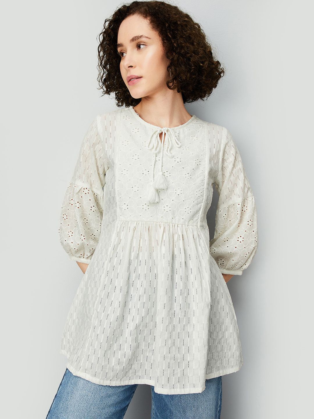 

max Self Design Round Neck Tunic, Beige