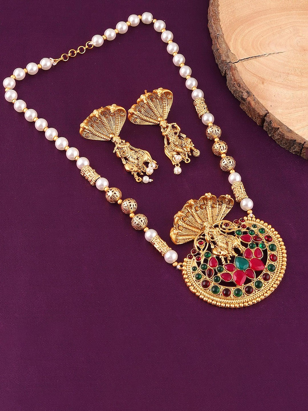 

MANSIYAORANGE Gold Plated Stone Studded Temple Jewellery Set