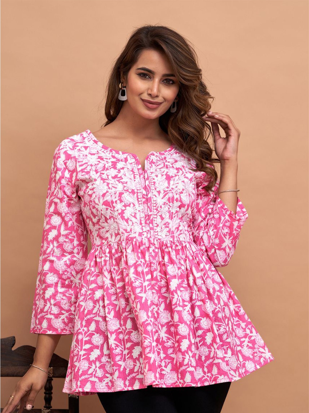 

D K W Floral Print Cotton Empire Top, Pink