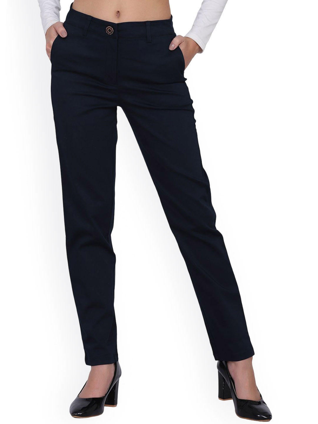 

FUTURO Women Smart Mid-Rise Satin Cotton Formal Trousers, Navy blue