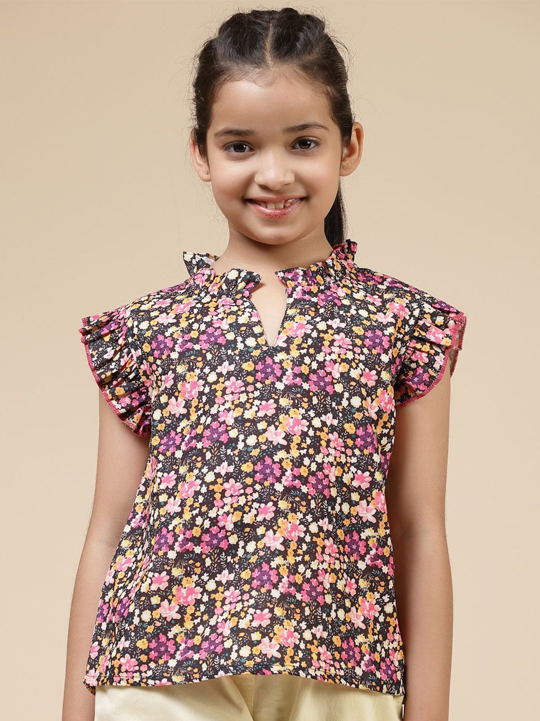 

BAESD Floral Printed Round Neck Sleeveless Crepe Top, Multi