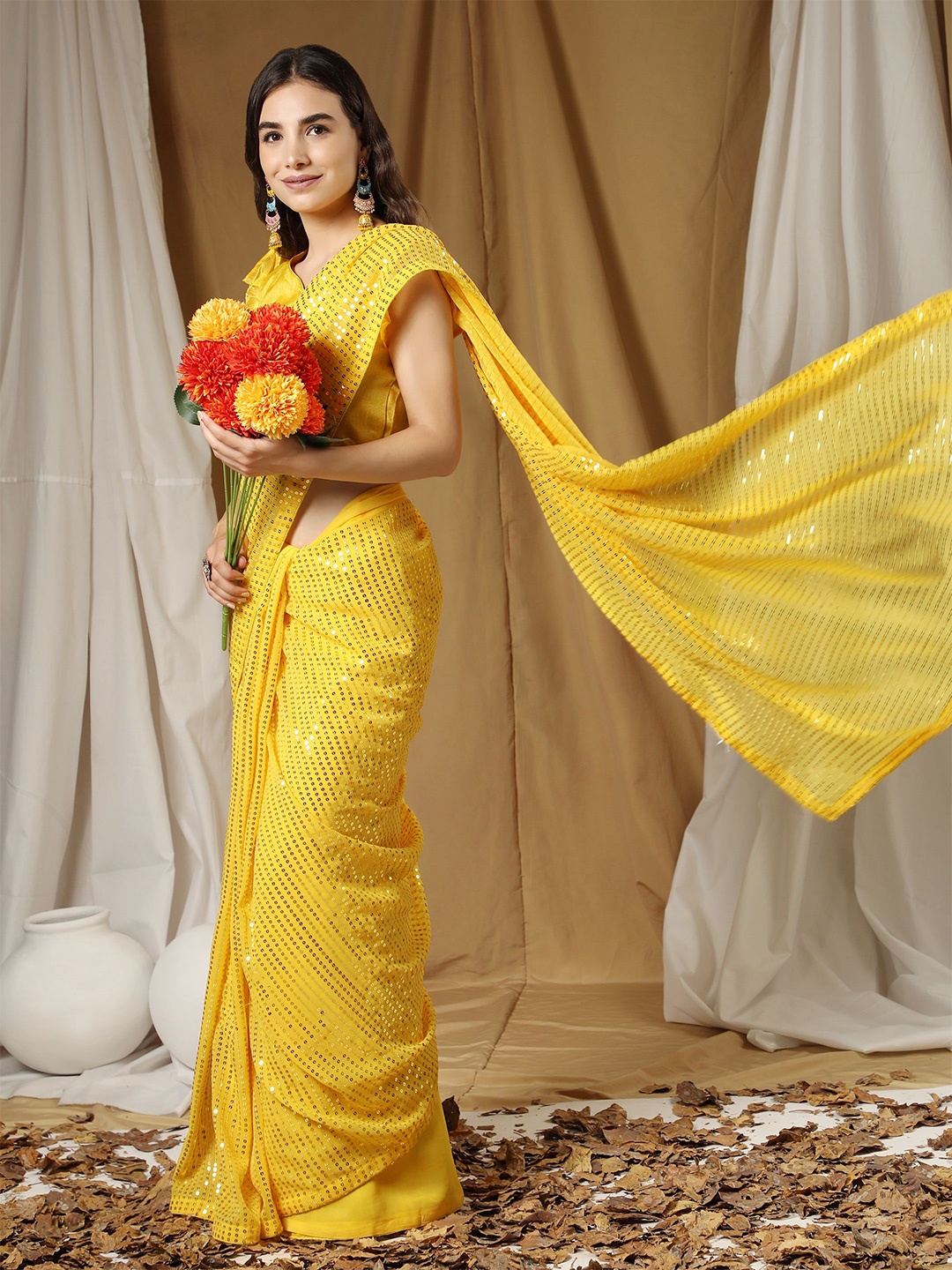 

KALINI Embellished Sequinned Designer Saree, Yellow