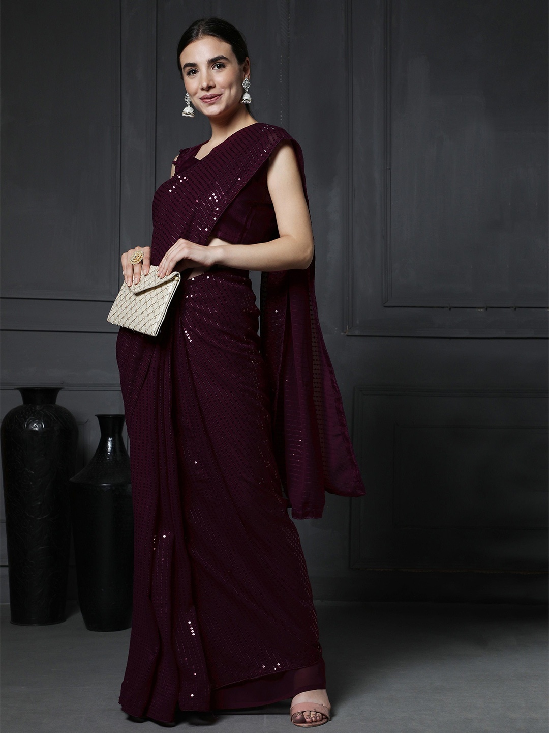 

KALINI Embellished Sequinned Saree, Burgundy