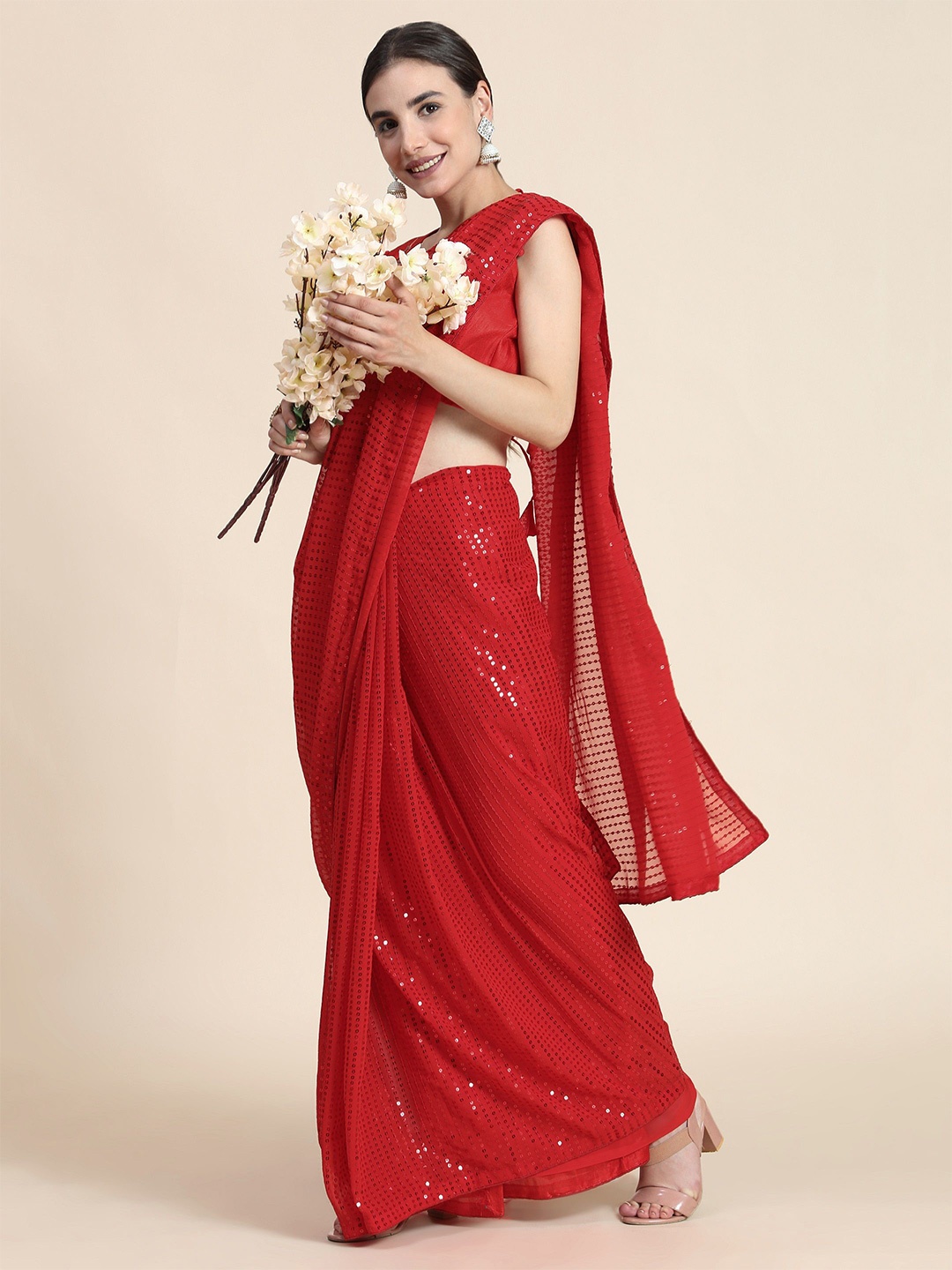 

KALINI Embellished Sequinned Saree, Red