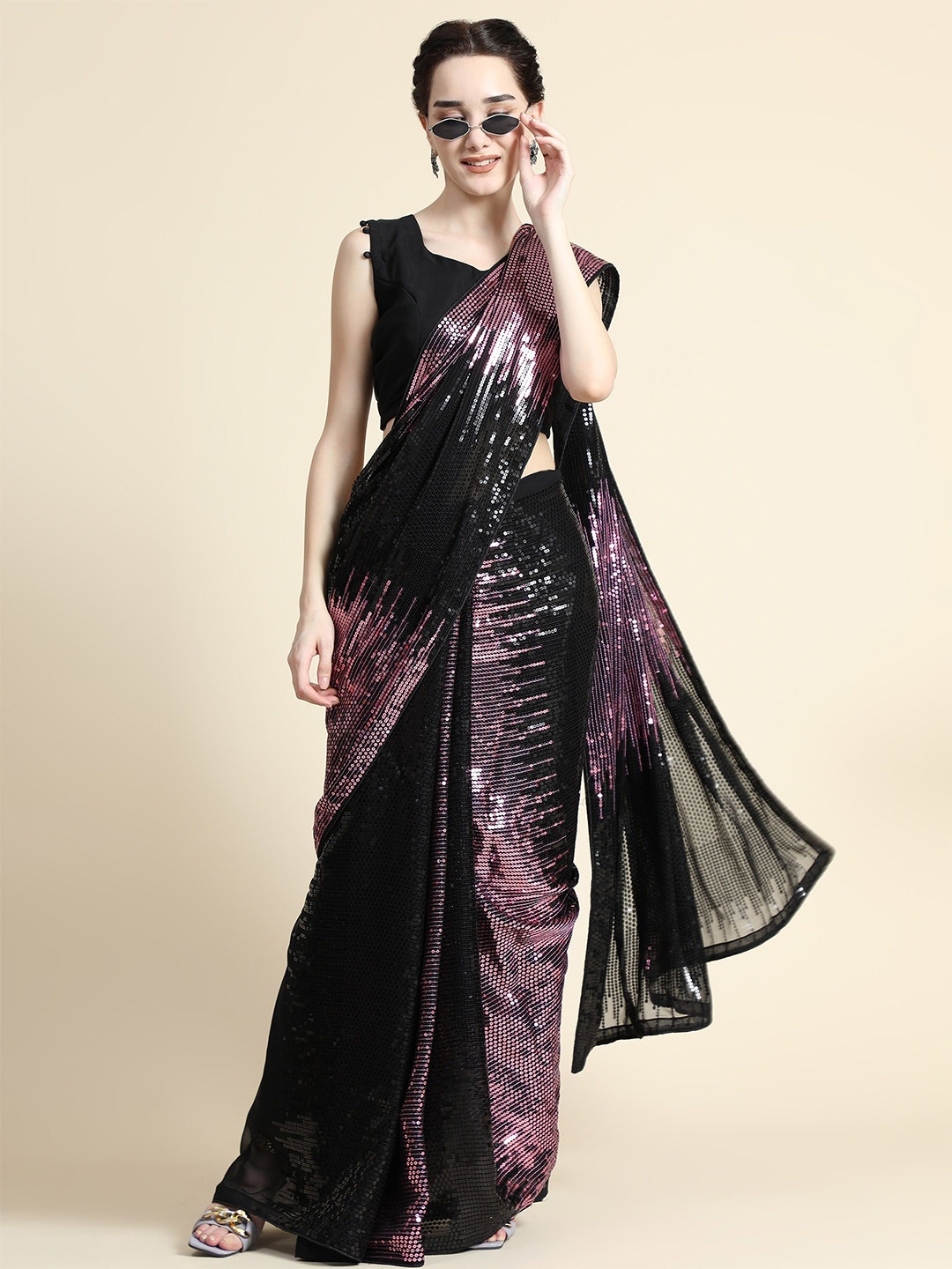 

KALINI Embellished Sequinned Saree, Black