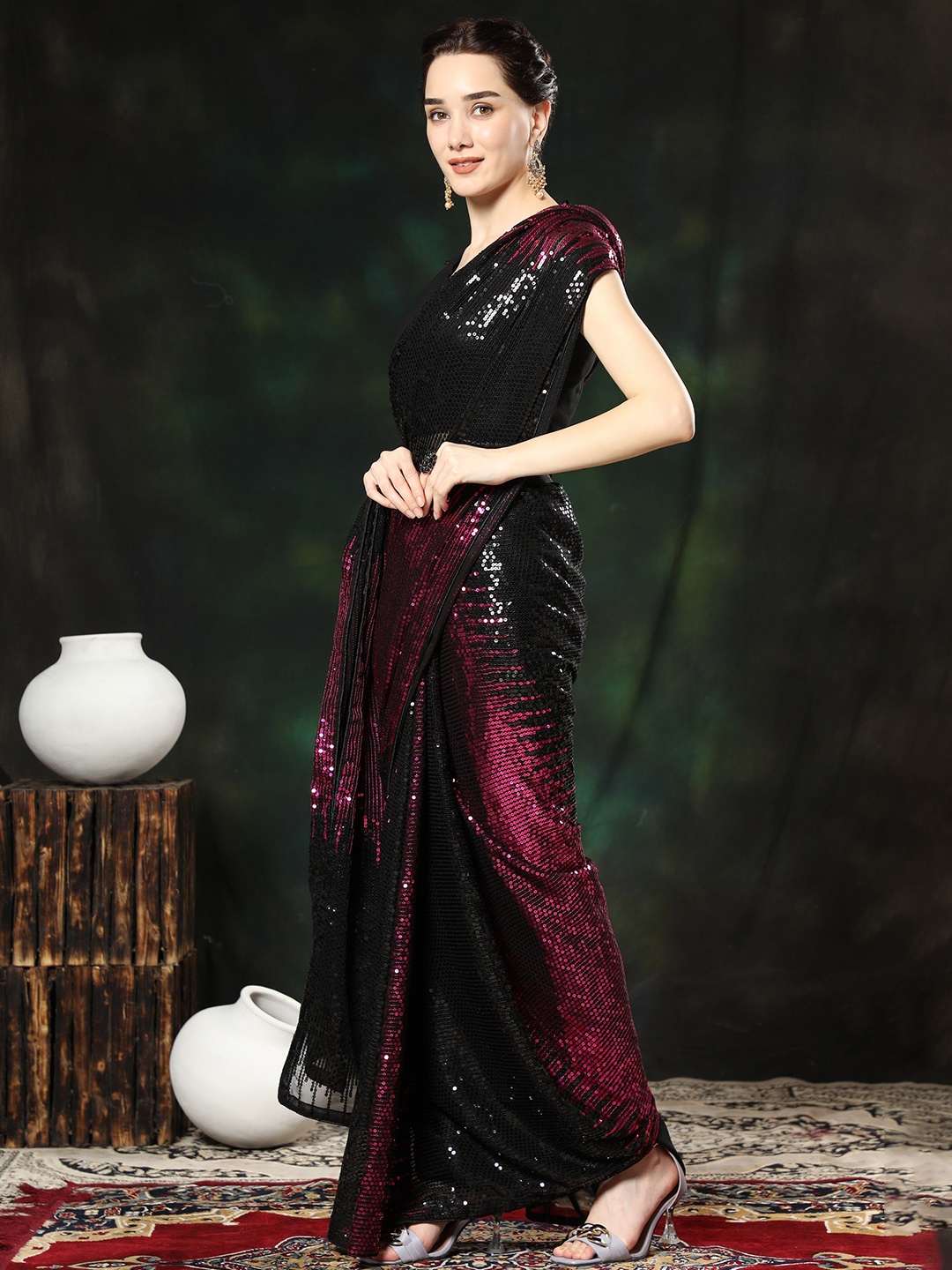 

KALINI Embellished Sequinned Saree, Magenta