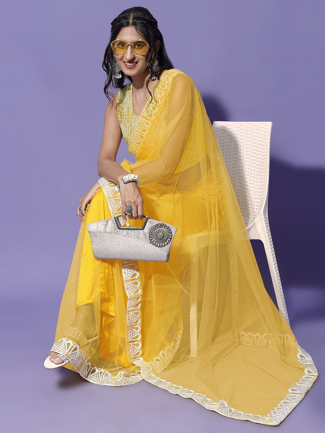 

KALINI Embroidered Net Saree, Yellow