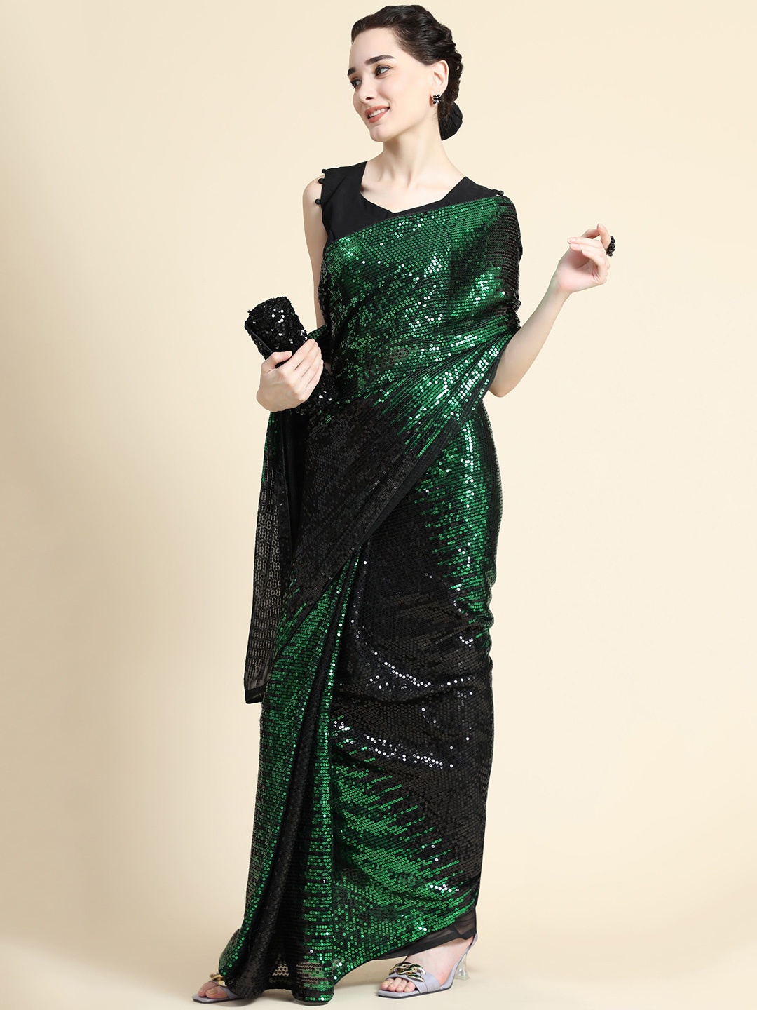 

KALINI Embellished Sequinned Saree, Green
