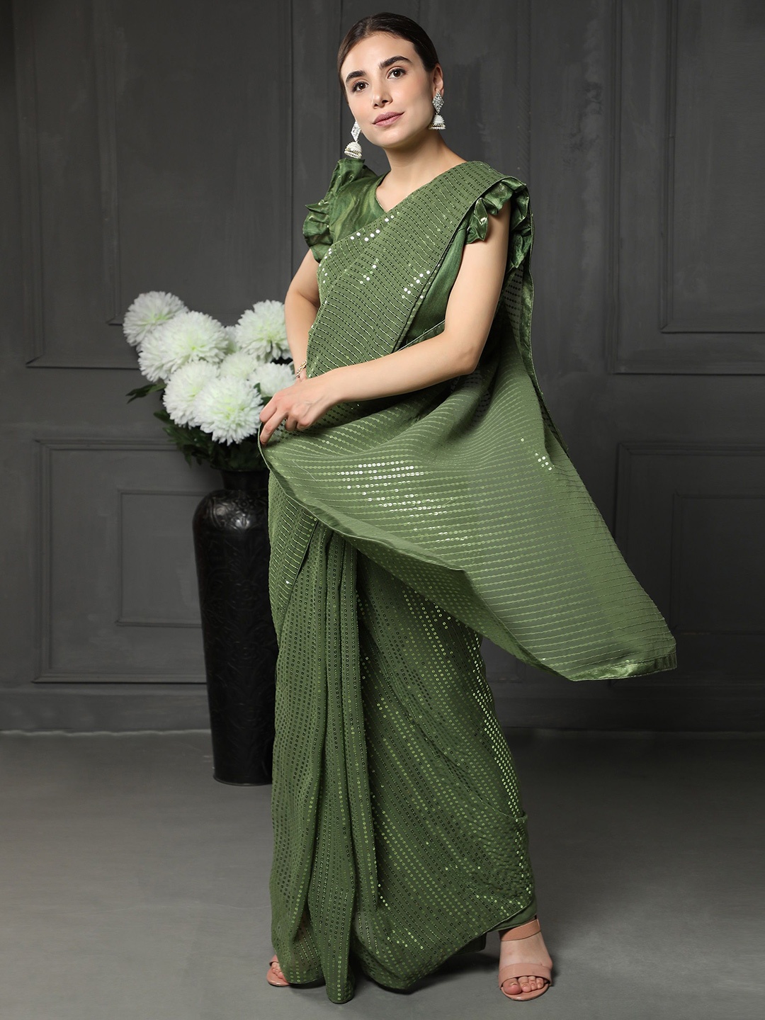

KALINI Embellished Sequinned Saree, Olive