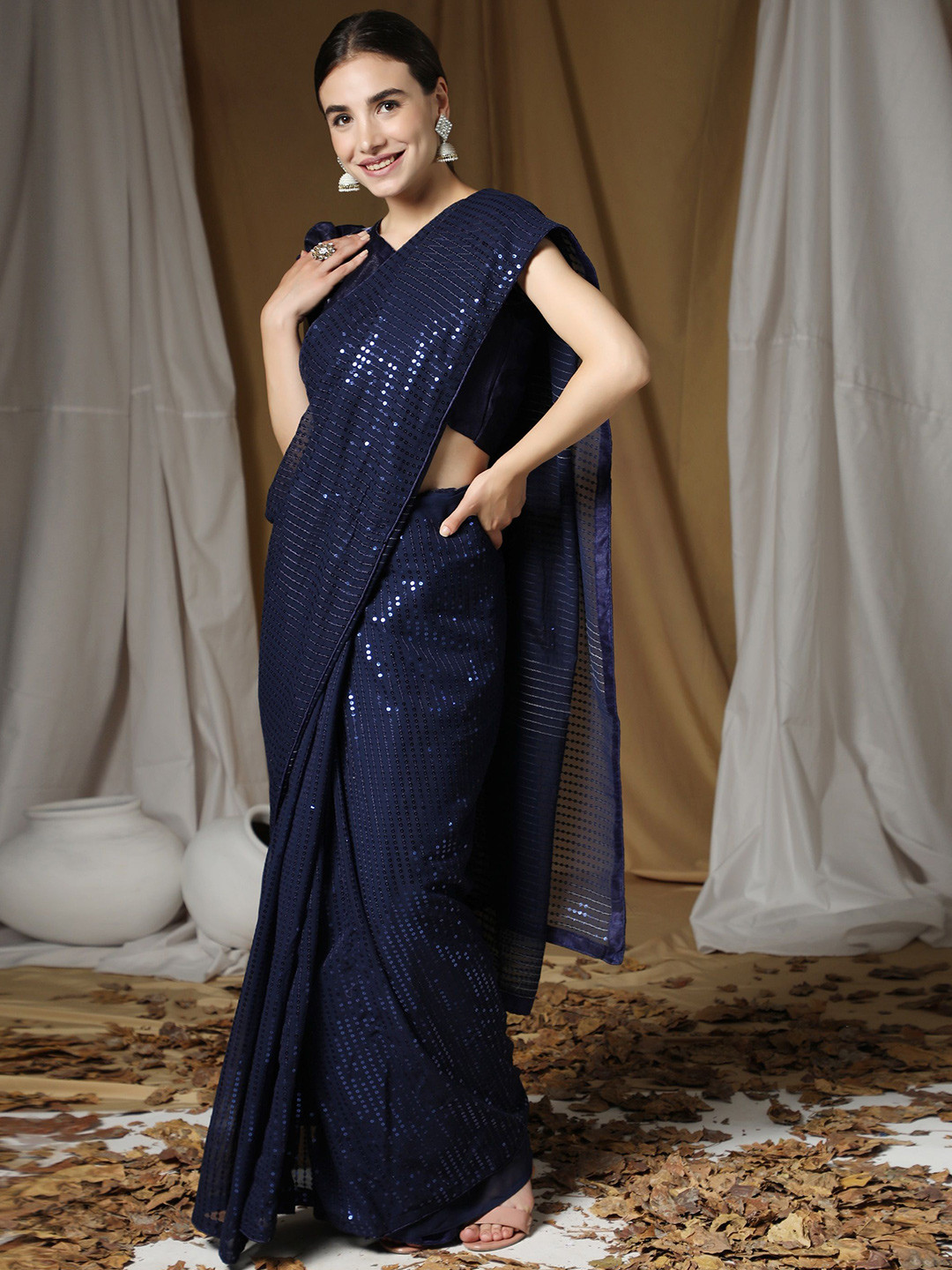 

KALINI Embellished Sequinned Saree, Navy blue