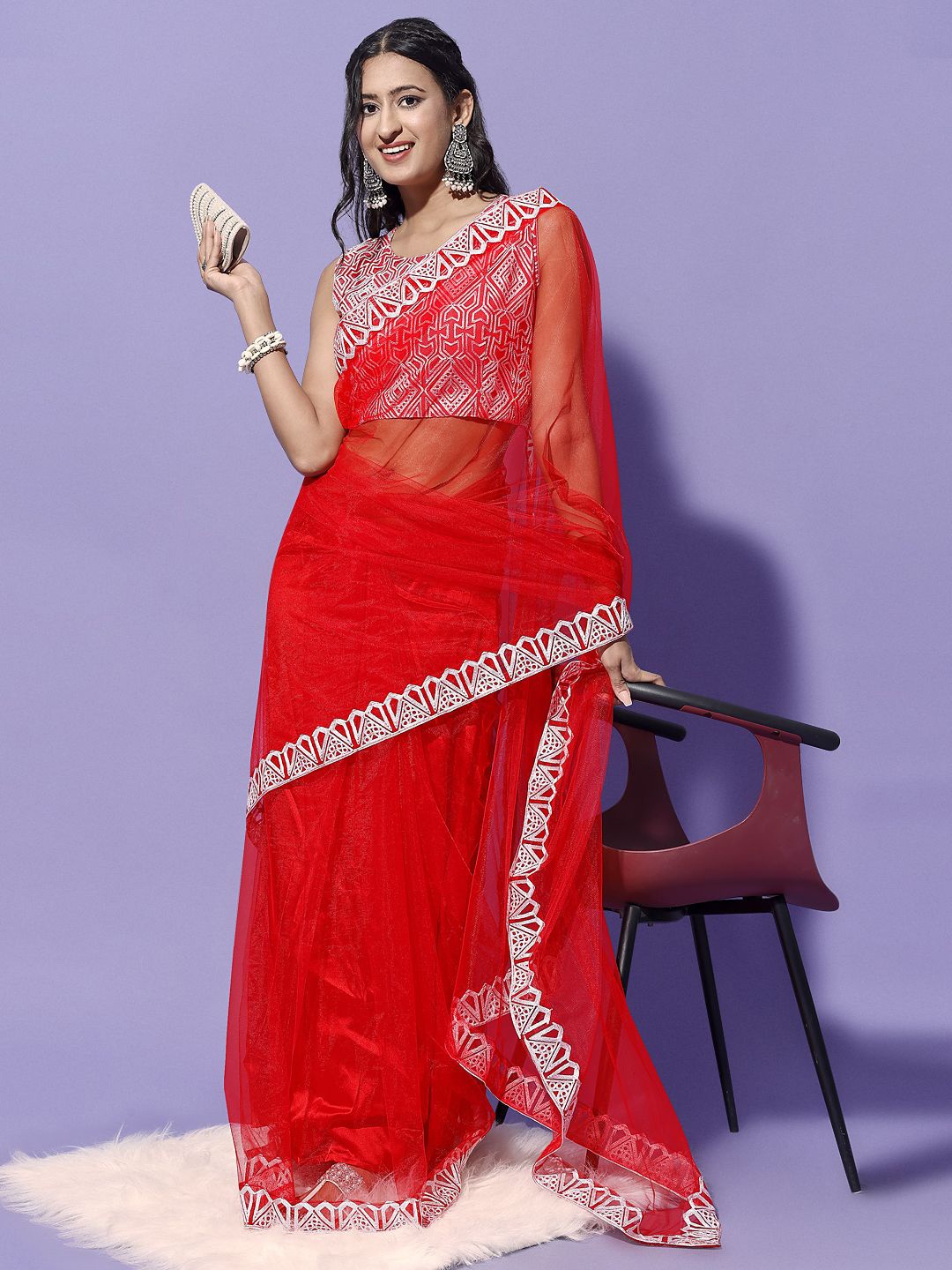 

KALINI Embroidered Net Saree With Blouse Piece, Red