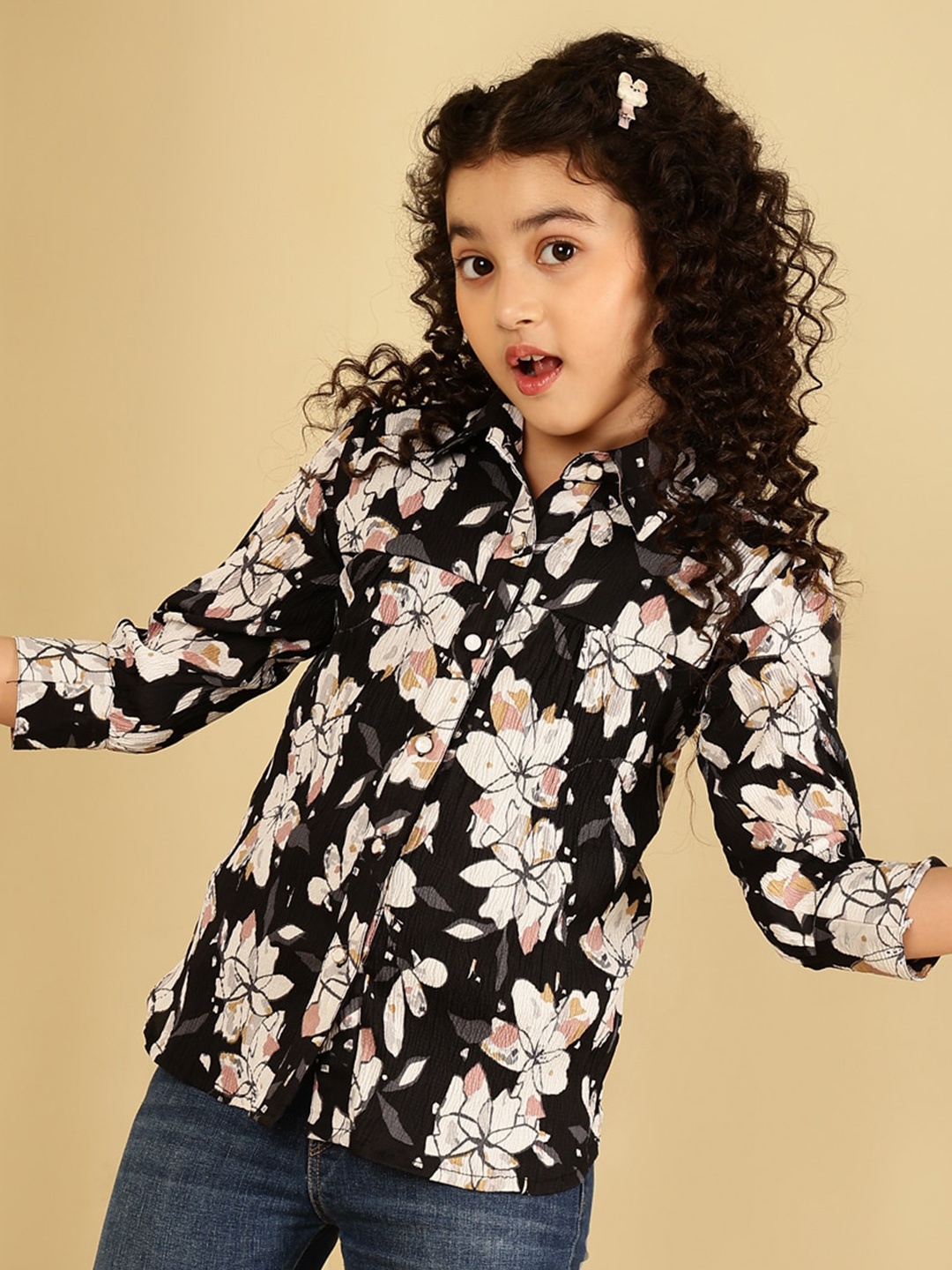 

BAESD Girls Floral Printed Gathered Shirt Style Top, Black