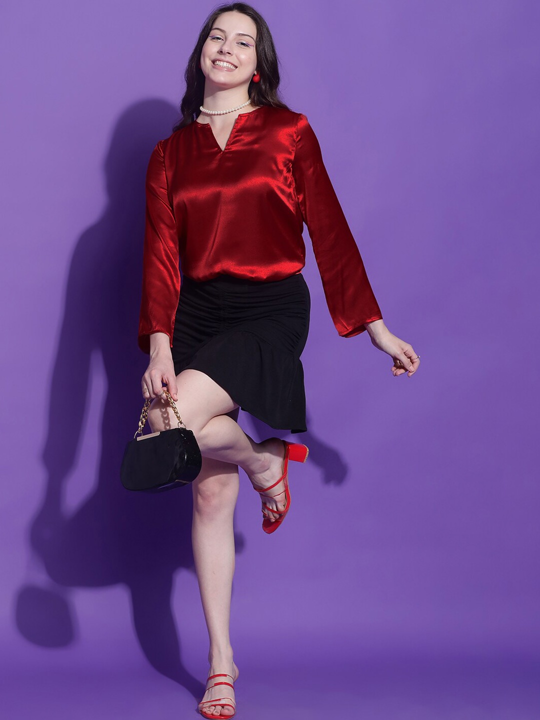 

Stylecast X Kotty Solid Round Neck Satin Satin Top, Maroon