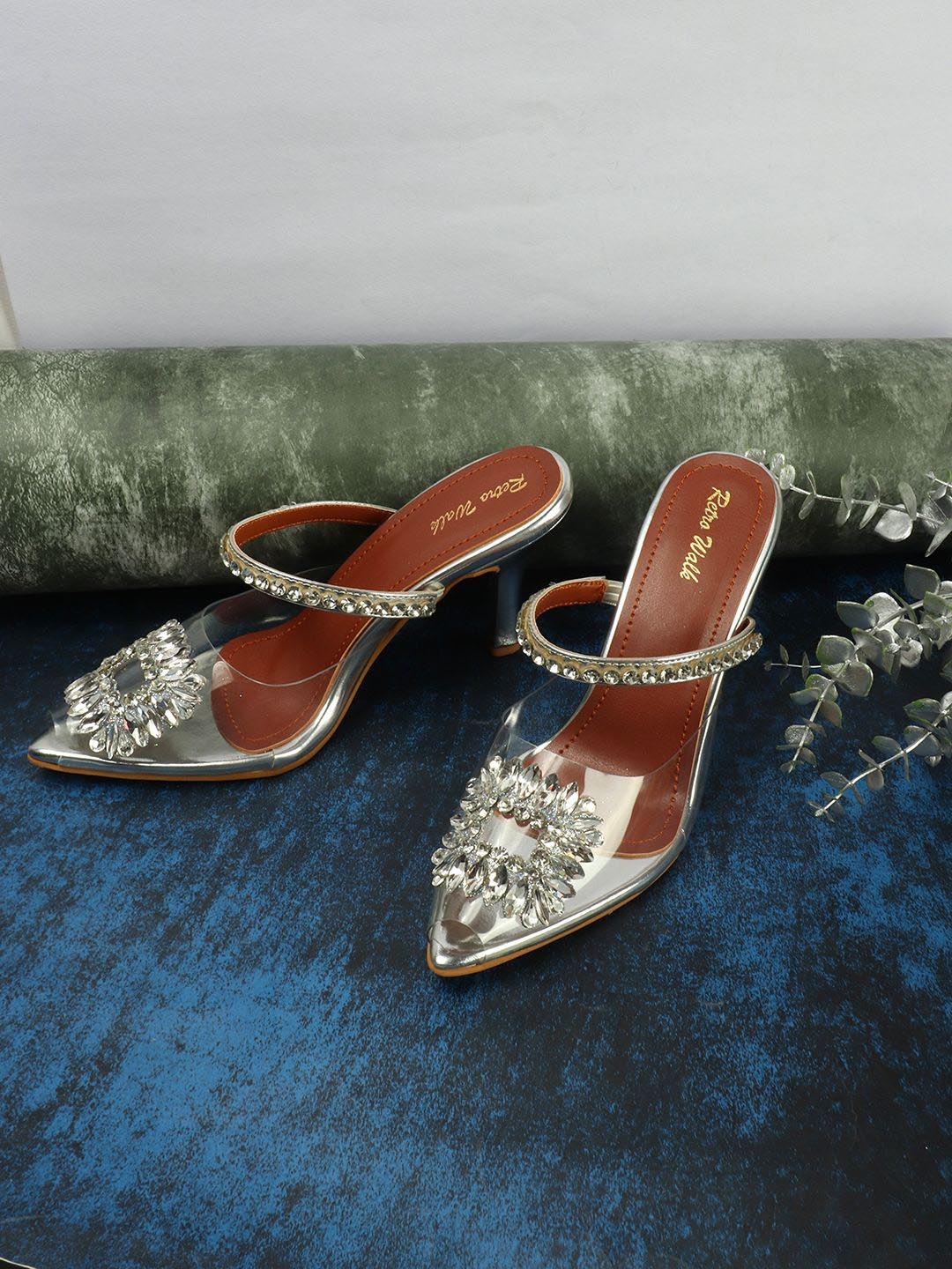 

Retro Walk Embellished Peep Toe Block Heels, Silver