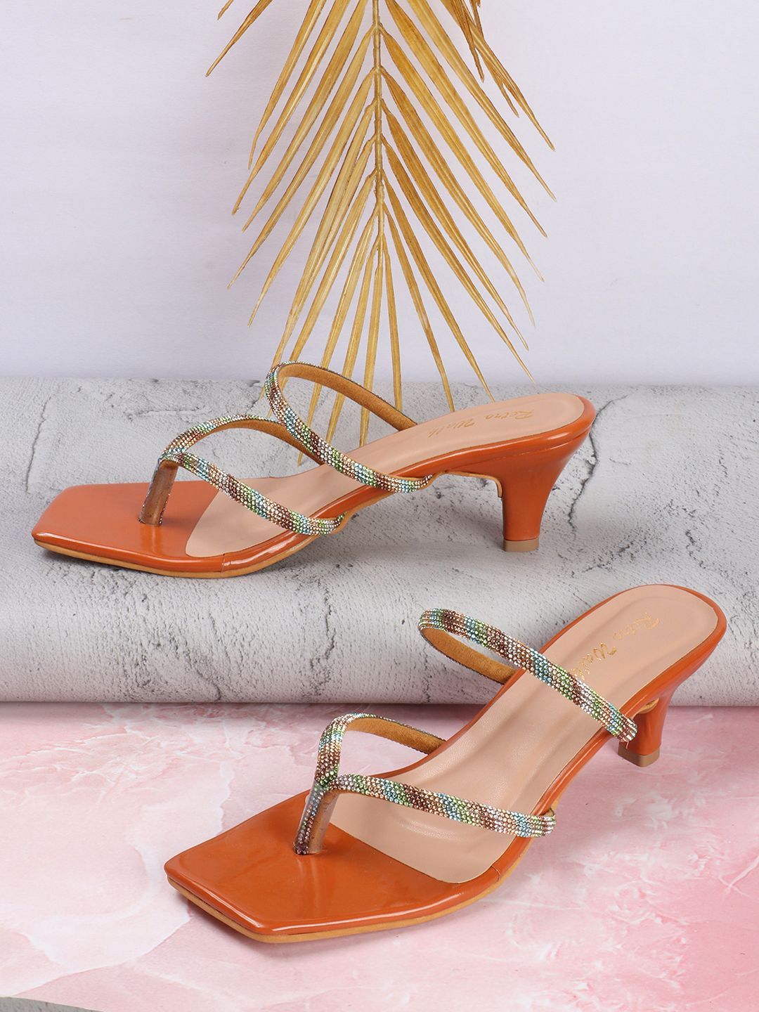 

Retro Walk Western Embellished Square Toe Kitten Heels, Tan