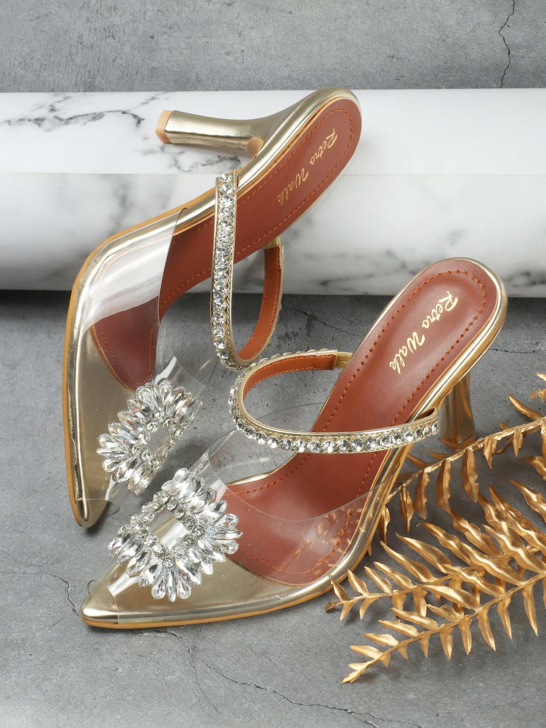 

Retro Walk Embellished Slim Mules Heels, Gold