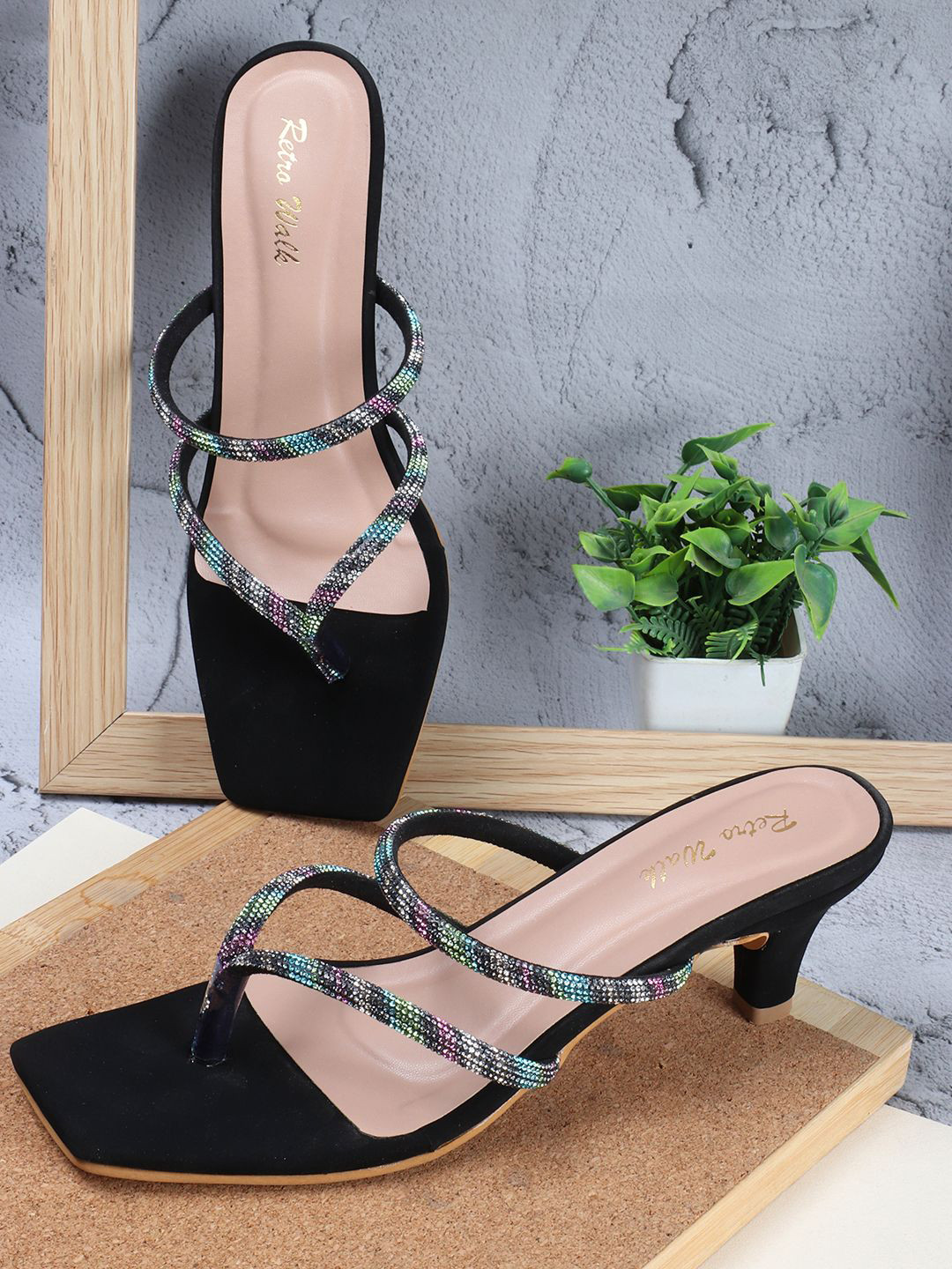

Retro Walk Embellished Kitten Square Toe Heels, Black