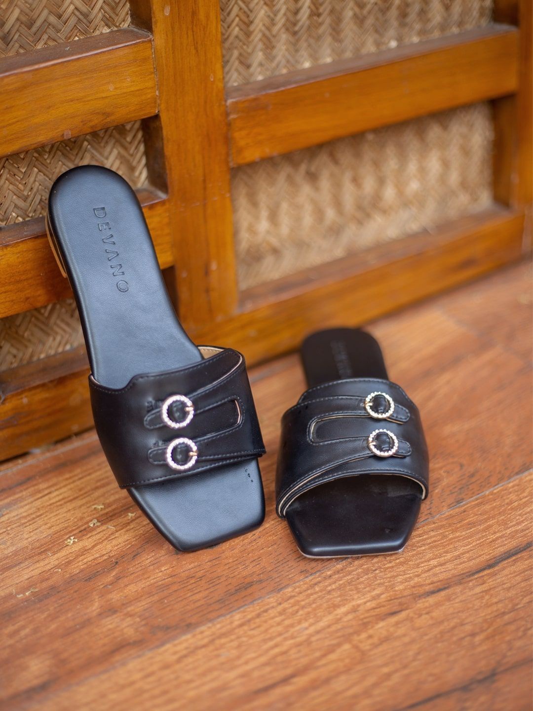 

Devano Buckles Detail Open Toe Flats, Black