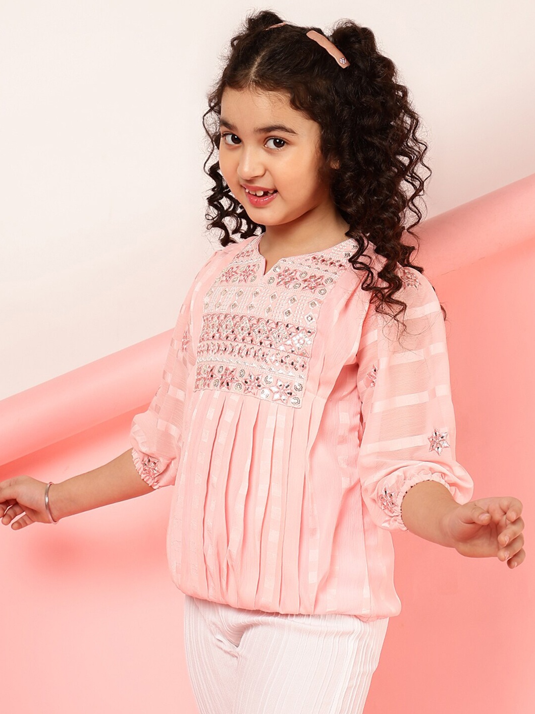 

BAESD Ethnic Motifs Printed Round Neck Embroidered Top, Pink