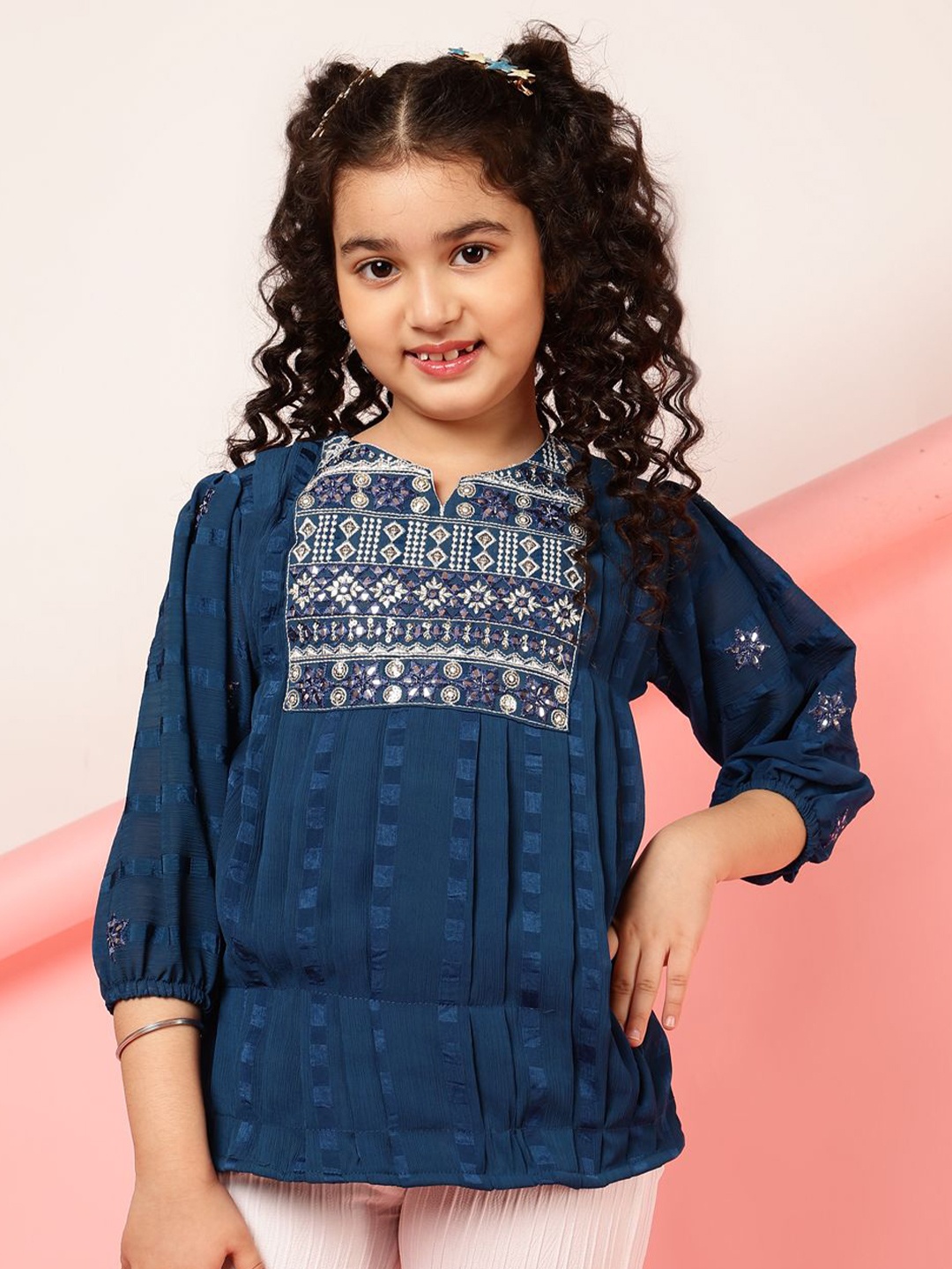 

BAESD Ethnic Motifs Printed Round Neck Embroidered Top, Blue
