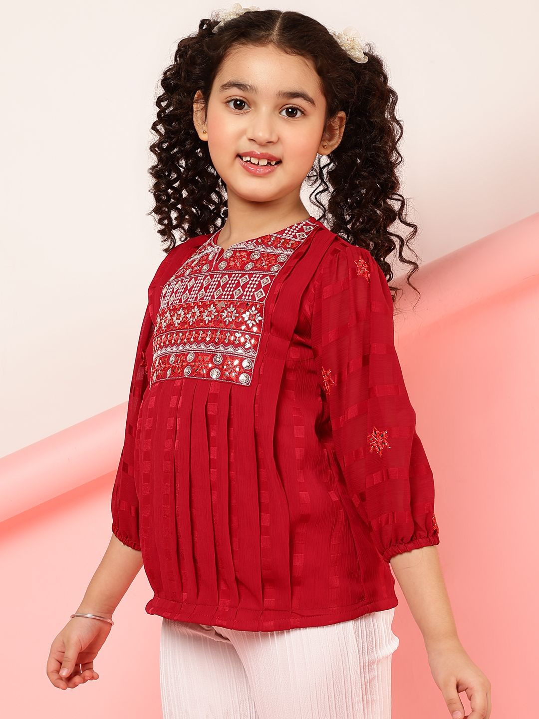 

BAESD Ethnic Motifs Printed Round Neck Embroidered Top, Red