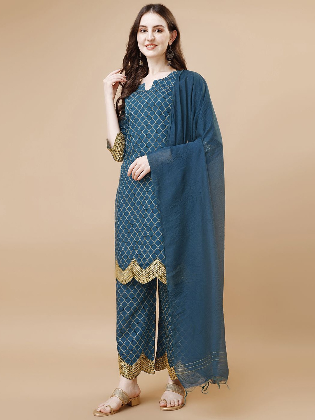 

KALINI Women Ethnic Motifs Printed Regular Sequinned Kurta with Palazzos & With Dupatta, Blue