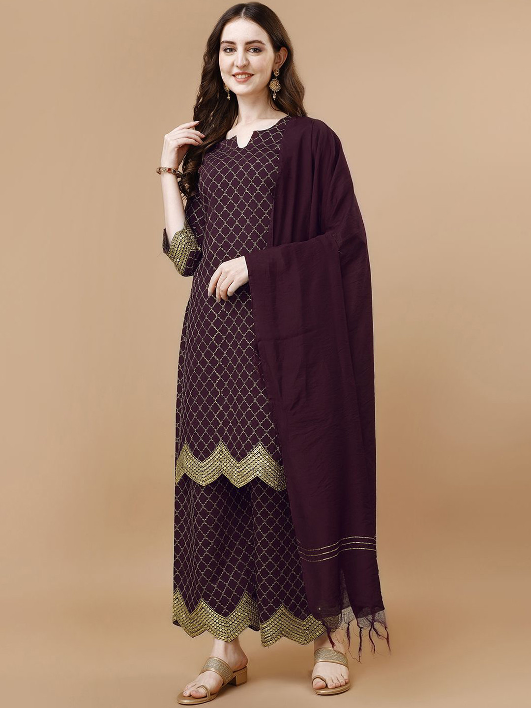 

KALINI Women Ethnic Motifs Embroidered Regular Kurta with Palazzos & With Dupatta, Purple