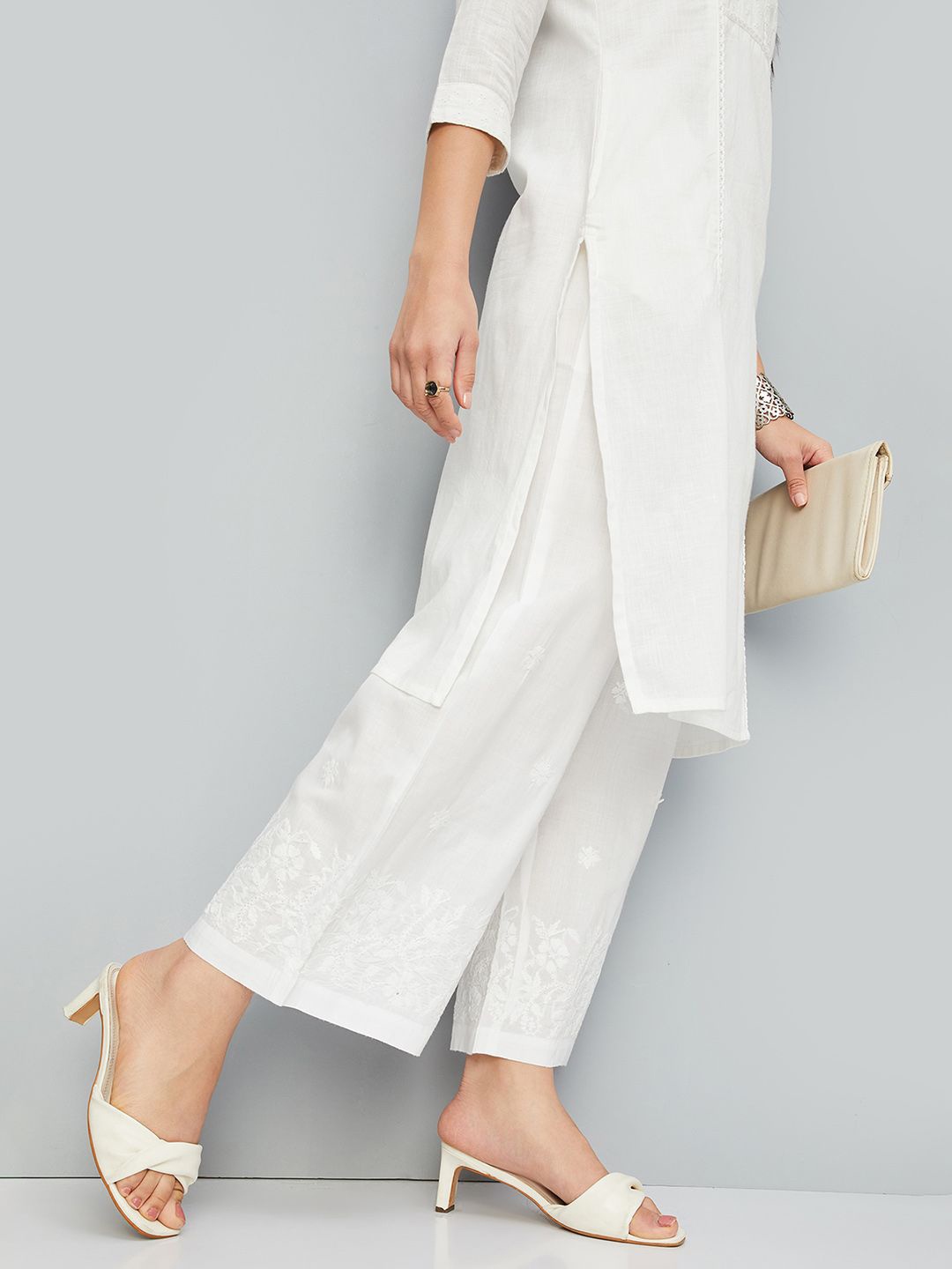 

max Floral Embroidered Ethnic Palazzos, White
