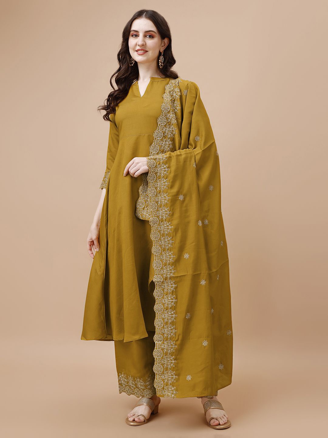 

KALINI Ethnic Motifs Embroidered Mandarin Collar Zari Kurta with Palazzos & Dupatta, Yellow