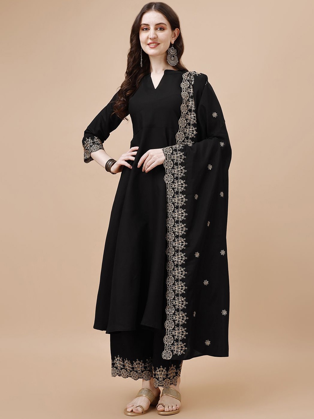 

KALINI Ethnic Motifs Embroidered Mandarin Collar Zari Kurta with Palazzos & Dupatta, Black