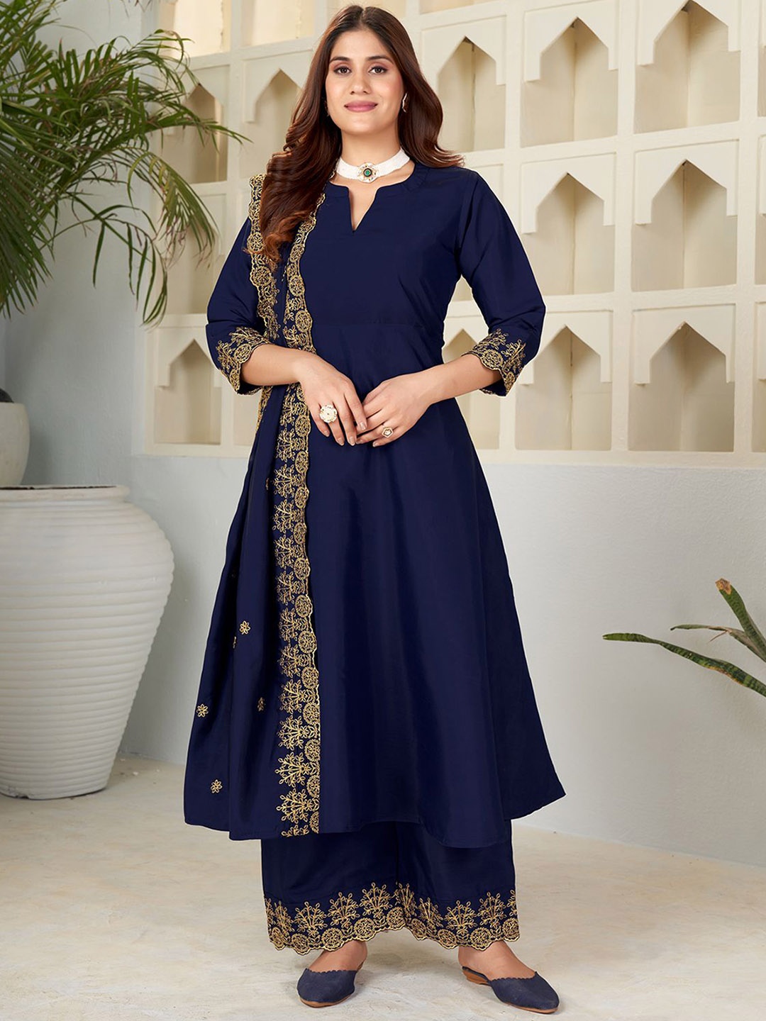 

KALINI Notched Neck Thread Work Anarkali Kurta With Palazzos & Dupatta, Blue