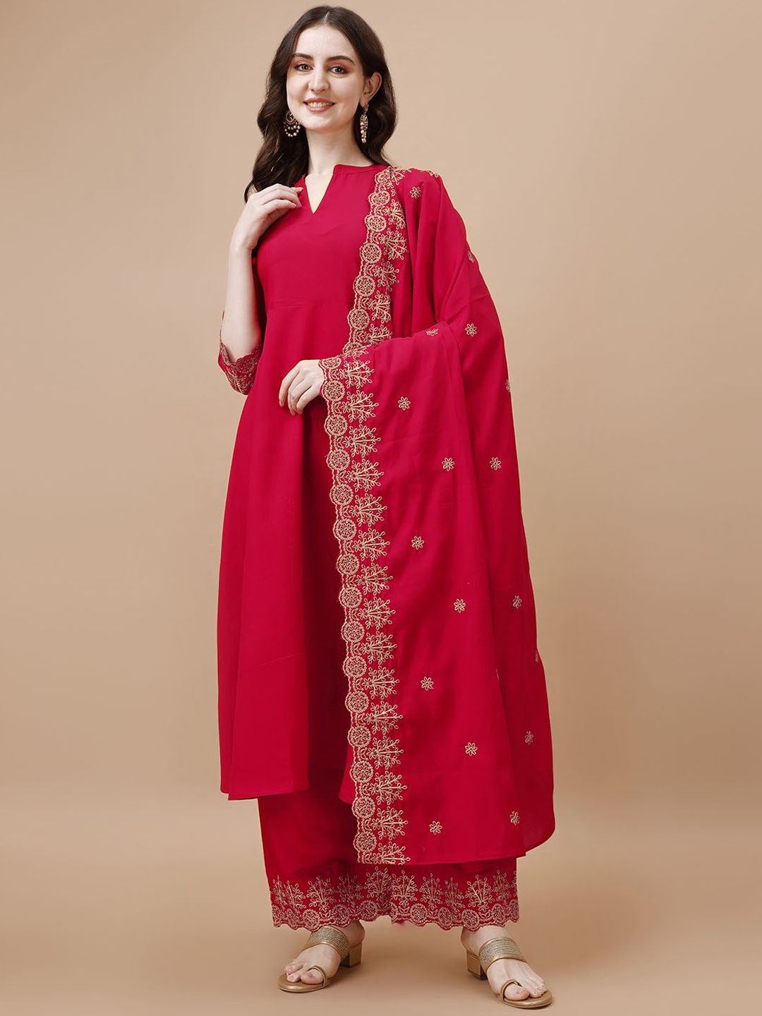 

KALINI Notched Neck Thread Work Anarkali Kurta With Palazzos & Dupatta, Red