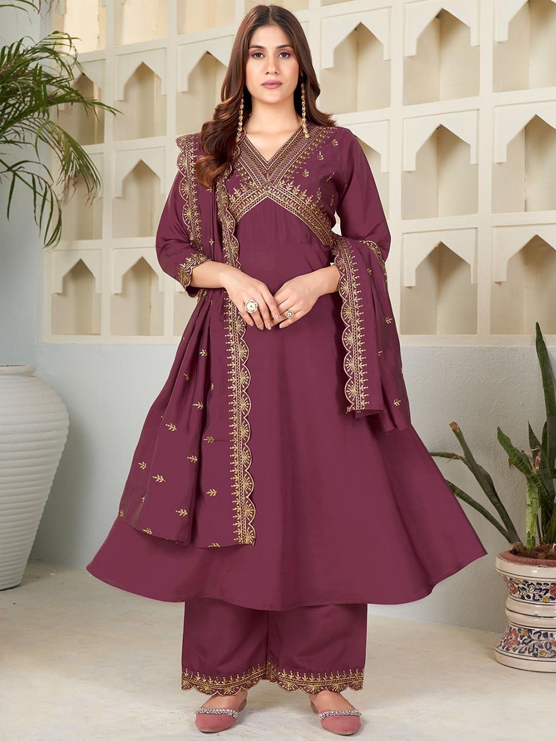 

KALINI Ethnic Motifs Yoke Design Regular Thread Work Kurta with Palazzos & Dupatta, Purple