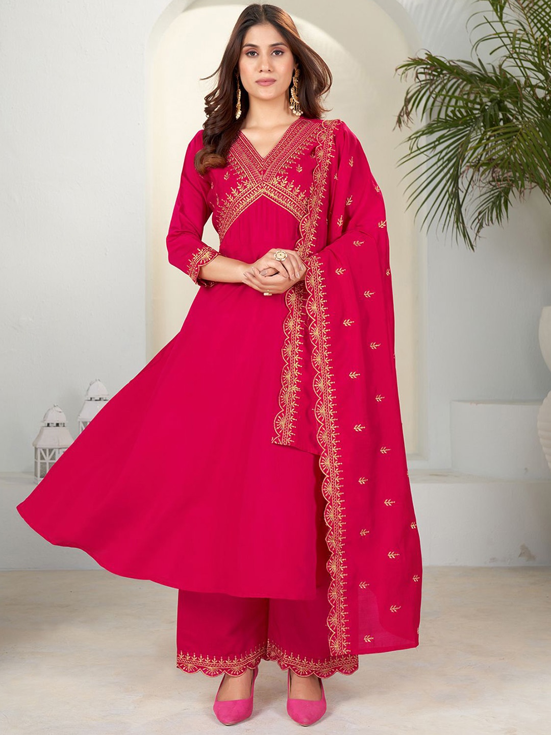 

KALINI Ethnic Motifs Yoke Design Empire Thread Work A-Line Kurta With Palazzos & Dupatta, Pink