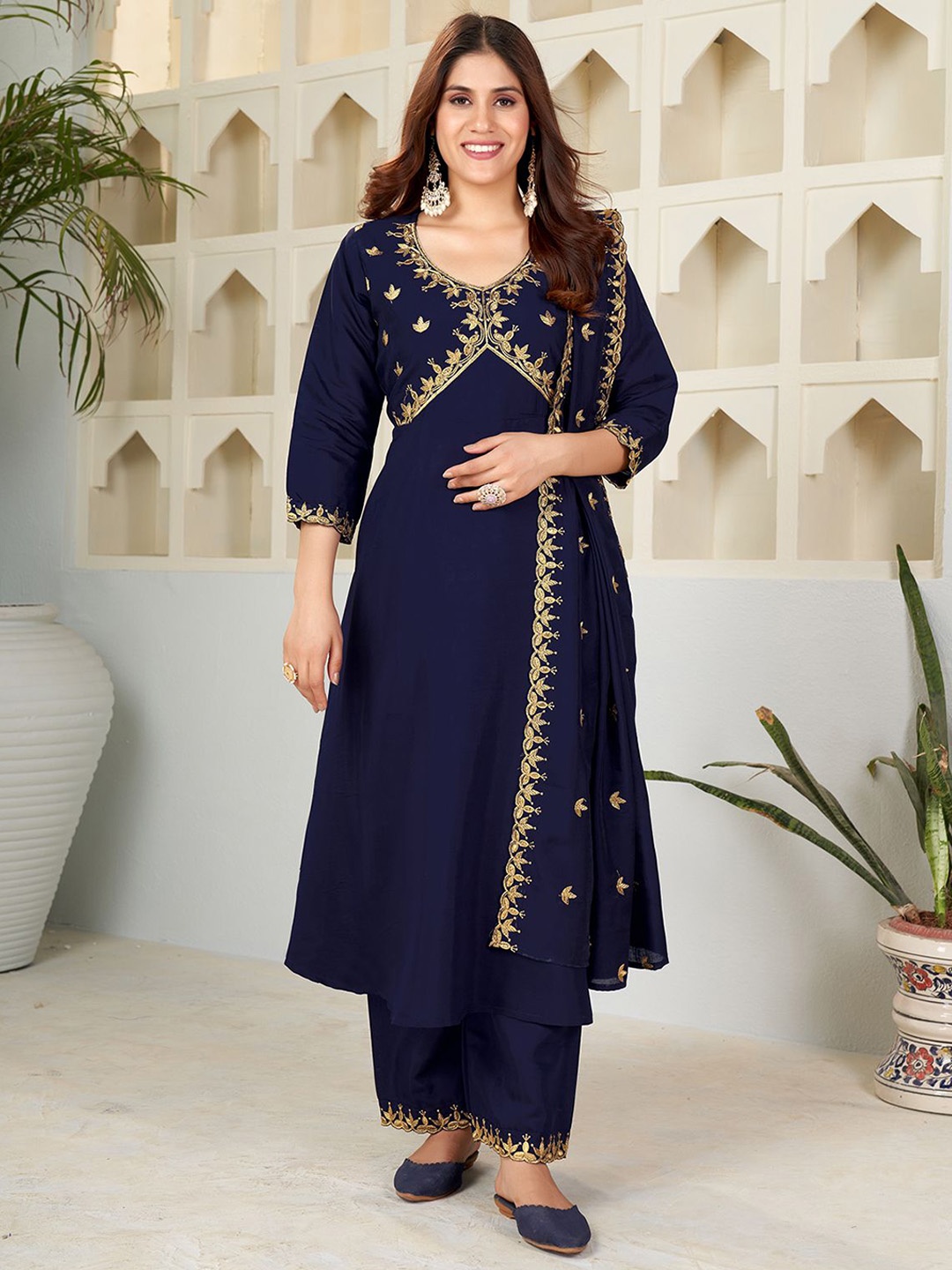 

KALINI Ethnic Motifs Yoke Design Zari Kurta with Palazzos & Dupatta, Blue