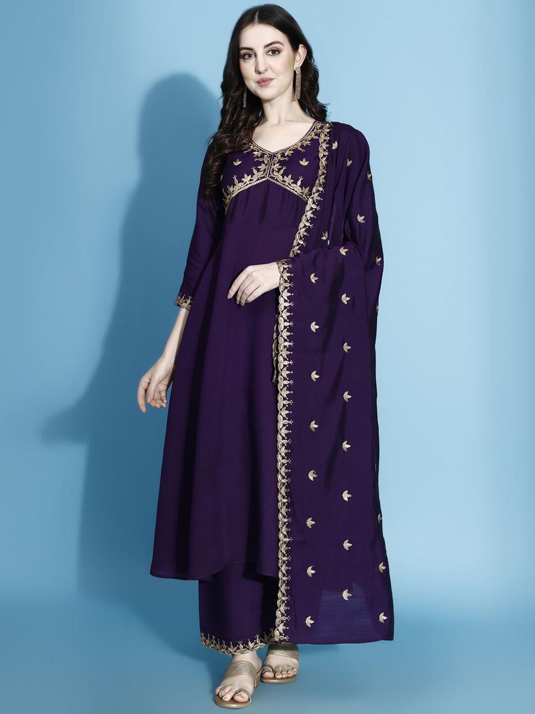 

KALINI Ethnic Motifs Yoke Design Empire Thread Work A-Line Kurta With Palazzos & Dupatta, Purple
